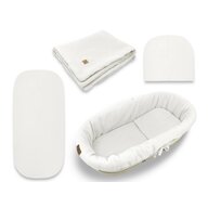 Set pentru landou/cosulet, Qmini, Cu protectie, pilota, saltea, pernuta, Din muselina dubla, Material certificat Oeko Tex Standard 100, Cream