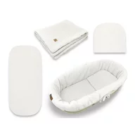 Set pentru landou/cosulet, Qmini, Cu protectie, pilota, saltea, pernuta, Din muselina dubla, Material certificat Oeko Tex Standard 100, Cream