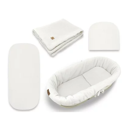 Set pentru landou/cosulet, Qmini, Cu protectie, pilota, saltea, pernuta, Din muselina dubla, Material certificat Oeko Tex Standard 100, Cream