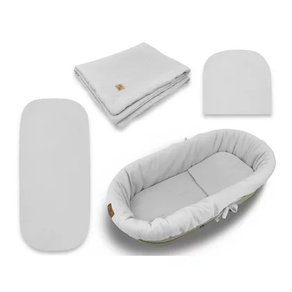Set pentru landou/cosulet, Qmini, Cu protectie, pilota, saltea, pernuta, Din muselina dubla, Material certificat Oeko Tex Standard 100, Grey
