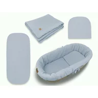 Set pentru landou/cosulet, Qmini, Cu protectie, pilota, saltea, pernuta, Din muselina dubla, Material certificat Oeko Tex Standard 100, Jeans