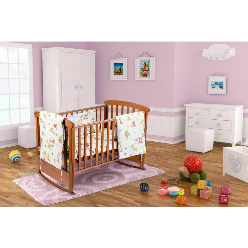 Somnart - set pentru patut bebe, cearceaf cu elastic pentru saltea 60x120x10, pernuta 37×55, pilota 100×105, aparatori 180x45, model jungle