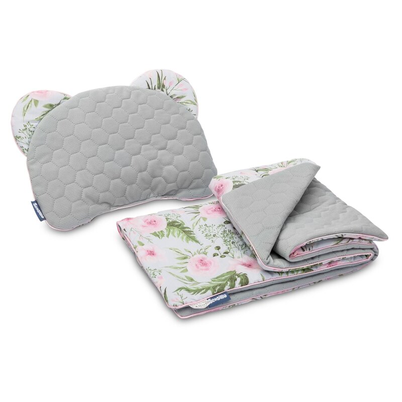 Sensillo - set pentru landou velvet , flori, cu 2 fete, perna, cu pilota, 76x56 cm, gri