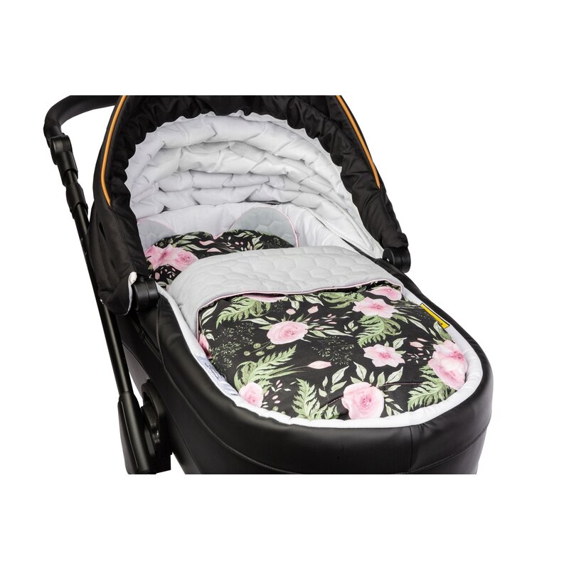 Sensillo - set pentru landou velvet , flori, cu 2 fete, perna, cu pilota, 76x56 cm, negru