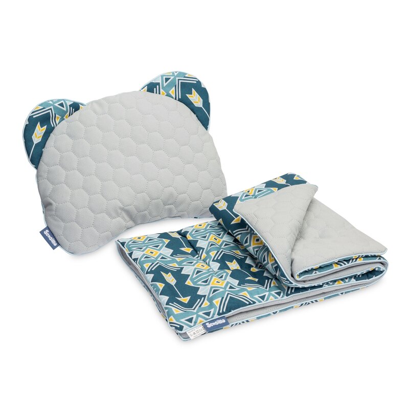Sensillo - set pentru landou velvet , ornamente, cu 2 fete, perna, cu pilota, 76x56 cm, albastru