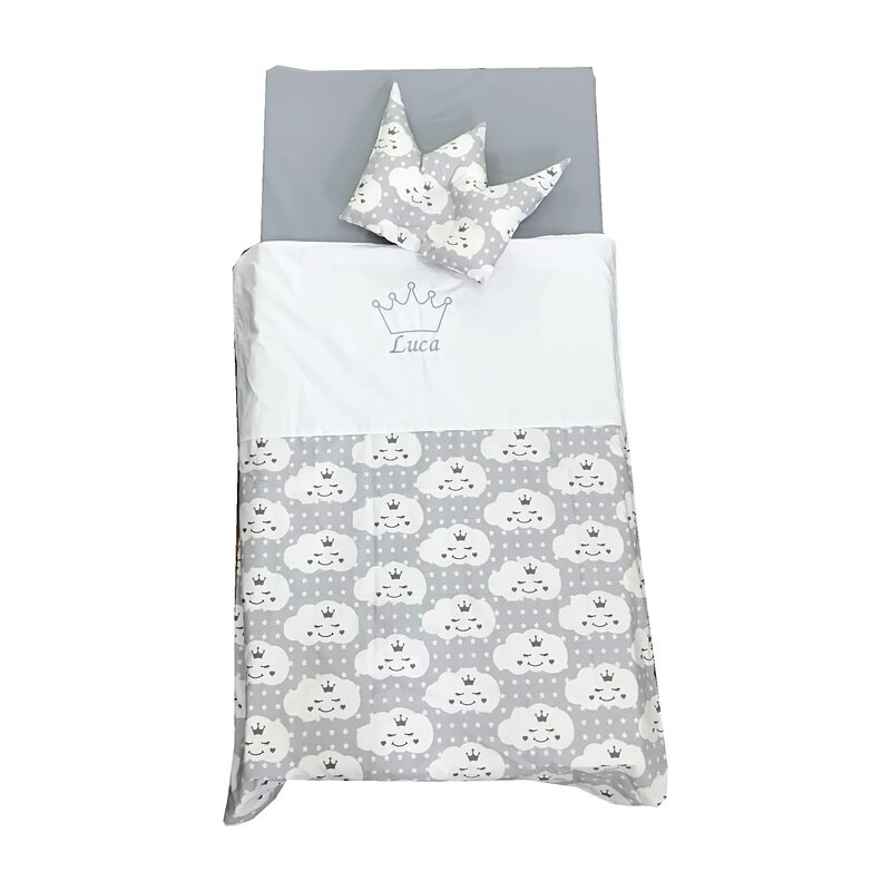 Deseda - set personalizat paturica bebe cu cearsaf si pernuta pt pat 120x60 cm norisori gri
