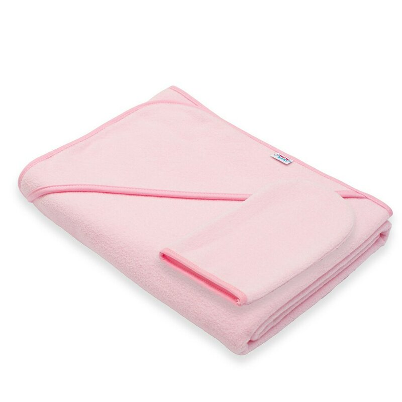 Set prosop cu gluga si manusa baie, New Baby, Dimensiune mare 100 x 100 cm, Basic, Pink