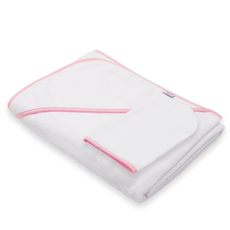 Set prosop cu gluga si manusa baie, New Baby, Dimensiune mare 100 x 100 cm, Basic, White-pink