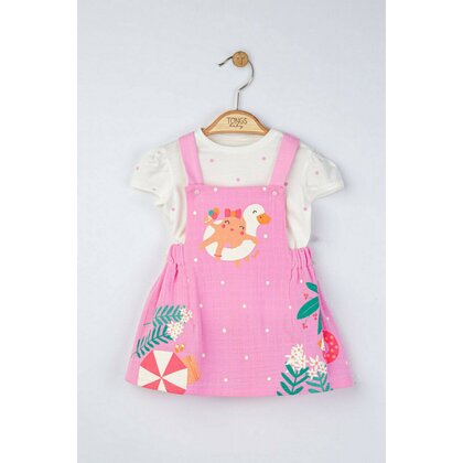Tongs baby - Set rochita din muselina cu tricou cu bulinute pentru fetite,  (Culoare: Roz, Marime: 9-12 luni)