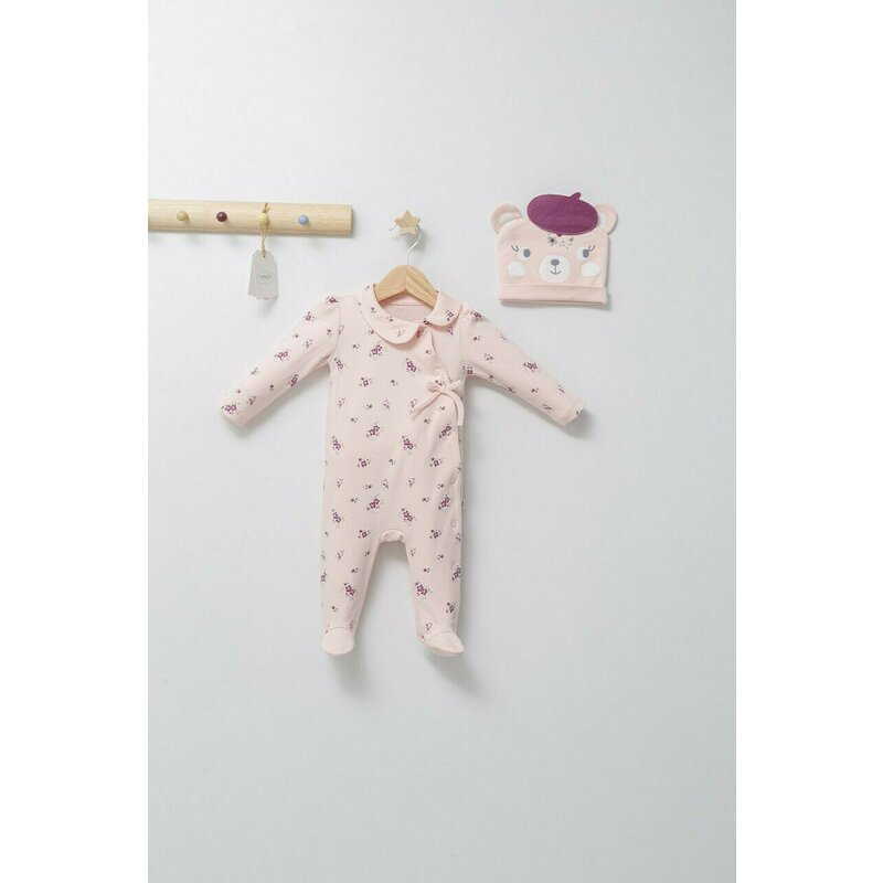 Tongs baby - Set salopeta cu caciulita cu urechiuse pentru bebelusi Paris Love, (Culoare: Ecru, Marime: 6-9 luni)