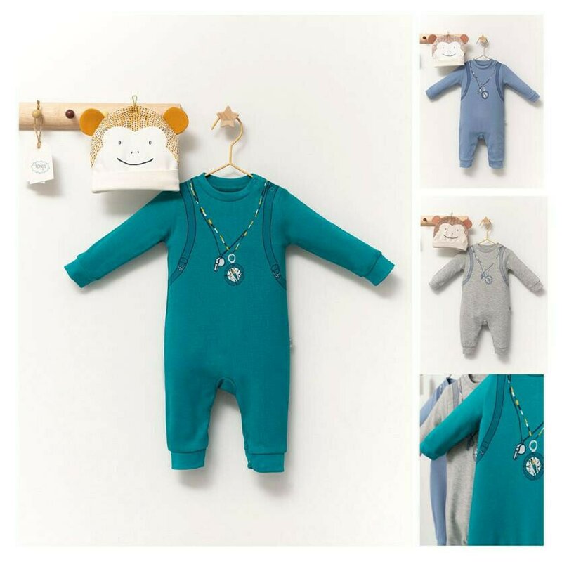 Tongs baby - set salopeta cu caciulita cu urechiuse pentru bebelusi ursulet, (culoare: turcoaz, marime: 6-9 luni)