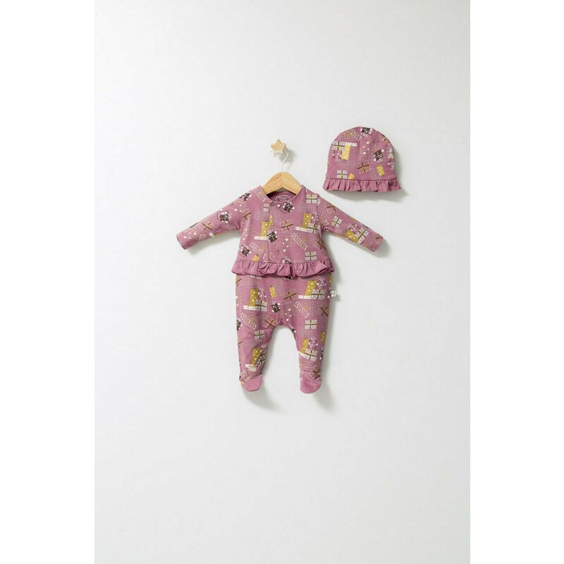 Tongs baby - Set salopeta cu caciulita cu volanas pentru bebelusi Fun Penguin, (Culoare: Gri, Marime: 0-3 Luni)