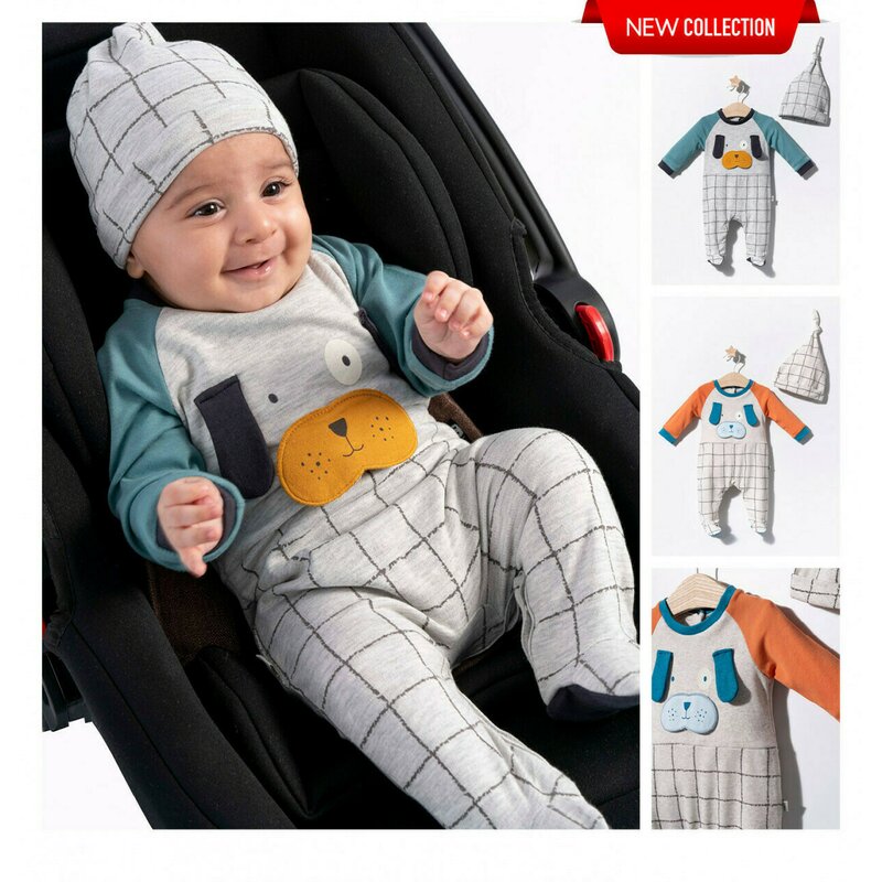 Tongs baby - set salopeta cu caciulita pentru bebelusi dogs, (culoare: bej, marime: 6-9 luni)