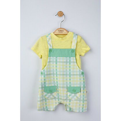 Tongs baby - Set salopeta cu tricou in carouri pentru bebelusi,  (Culoare: Galben, Marime: 9-12 luni)