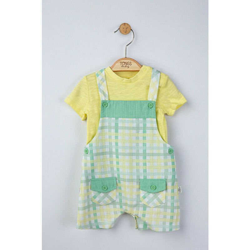 Tongs baby - Set salopeta cu tricou in carouri pentru bebelusi, (Culoare: Gri, Marime: 6-9 luni)