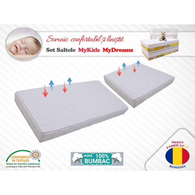 Mykids - set saltele mydreams ii , 120x80 cm, cu 80x50 cm din bumbac, 12 cm cocos-burete-cocos, alb