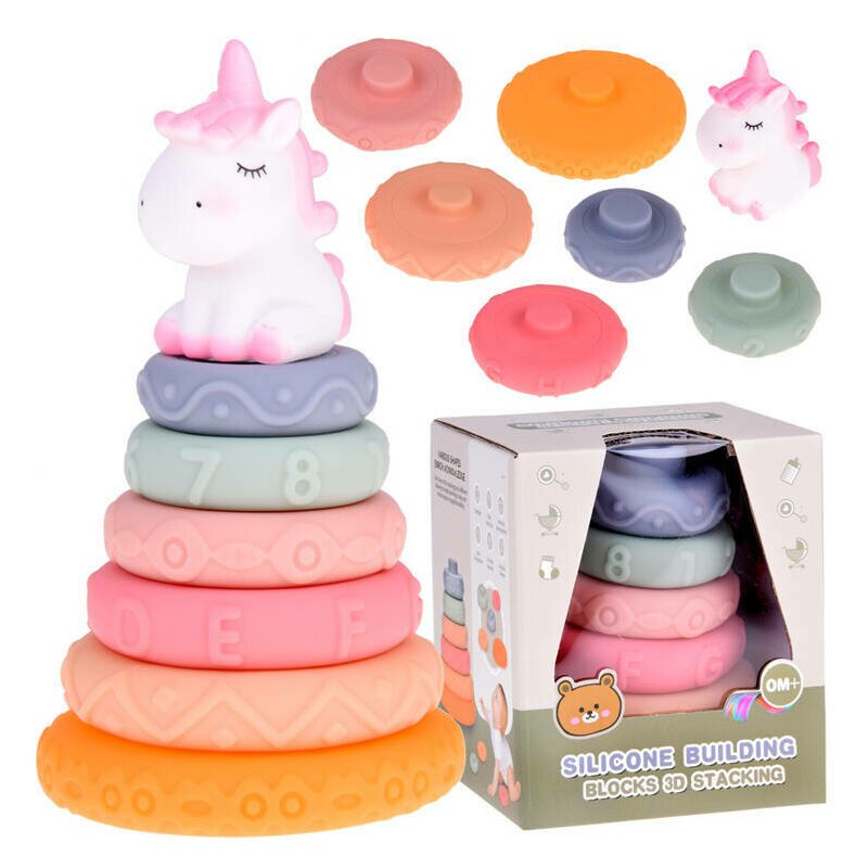 Set stivuire, Jokomisiada, Piramida senzoriala, Cu unicorn si 6 cercuri de suprapus, Cu diferite texturi, Cu sunet, Stimuleaza simturile bebelusului, Cauciuc moale, 0 luni+, Multicolor