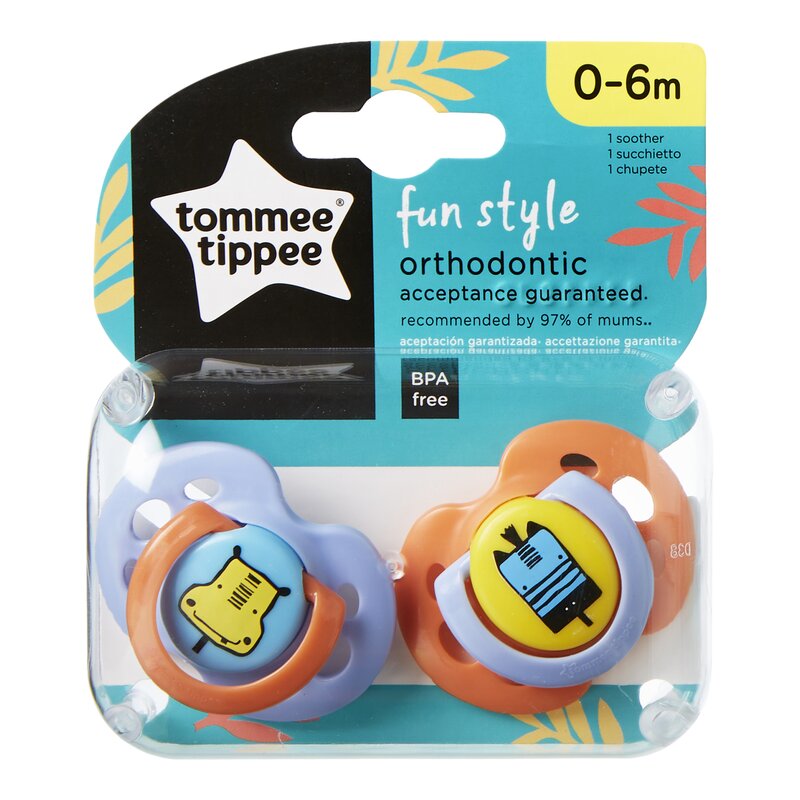 Tommee Tippee - Set suzete ortodontice de zi Fun, 0-6 luni, 2 buc, Hipopotam/Girafa