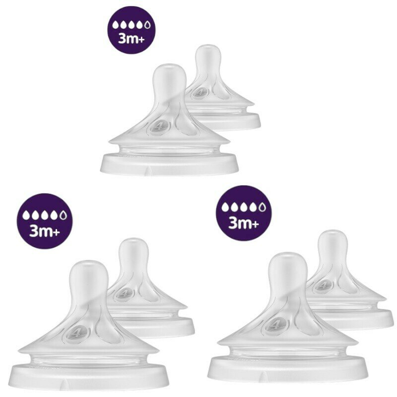 Set tetine, Philips Avent, Natural Response, 6 buc, Cu debit 4 (mediu), 3 luni+, Transparent