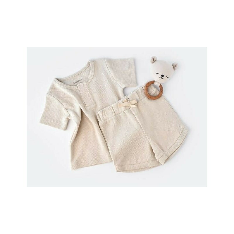 Babycosy - set tricou cu panataloni scurti - 100% bumbac organic - stone, baby cosy (marime: 9-12 luni)