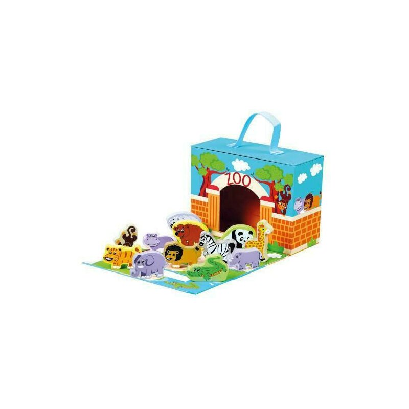 Bino - set valiza cu animalute de lemn la zoo