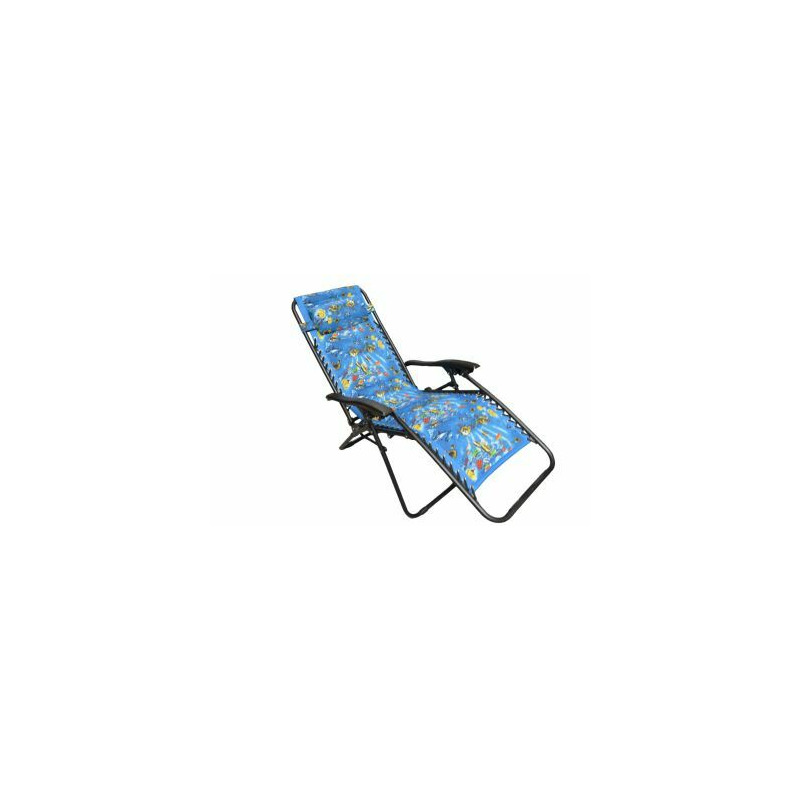 Sezlong-scaun camping cu tetiera, din panza cu model pestisori, 120 kg, structura metalica, albastru