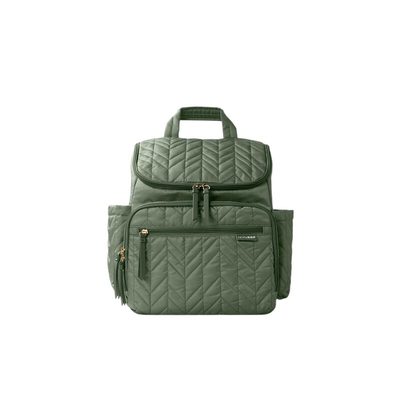 Rucsac pentru mamici, Skip Hop Compartimentat, Matlasat, Cu multiple buzunare, Include 2 gentute mai mici pentru depozitare si salteluta de infasat, 41x20x36 cm, Verde