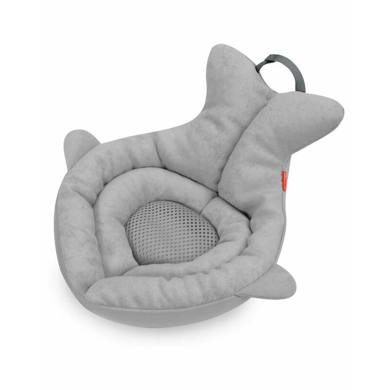 Suport moale de baie, Skip Hop, Pentru nou-nascuti si sugari, Cu tetiera captusita, Cu plasa pentru scurgerea apei, Bumbac, Fara PVC si ftalati, 49 x 32 x 26.5 cm, 0-6 luni, Gri
