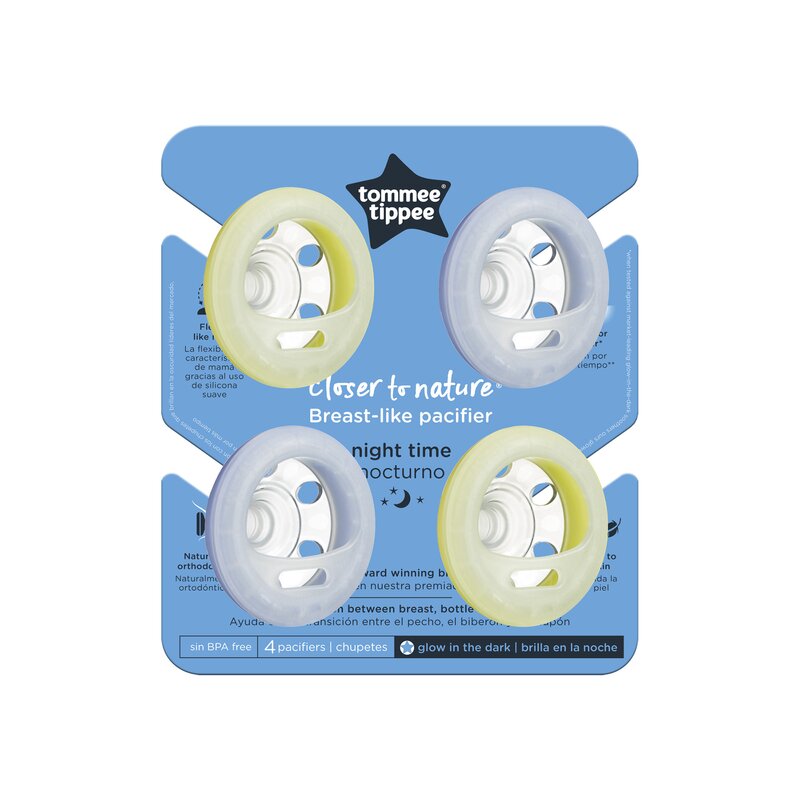 Tommee tippee - suzeta de noapte closer to nature "breast like pacifier", 0-6 luni , gri/galben, 4 buc