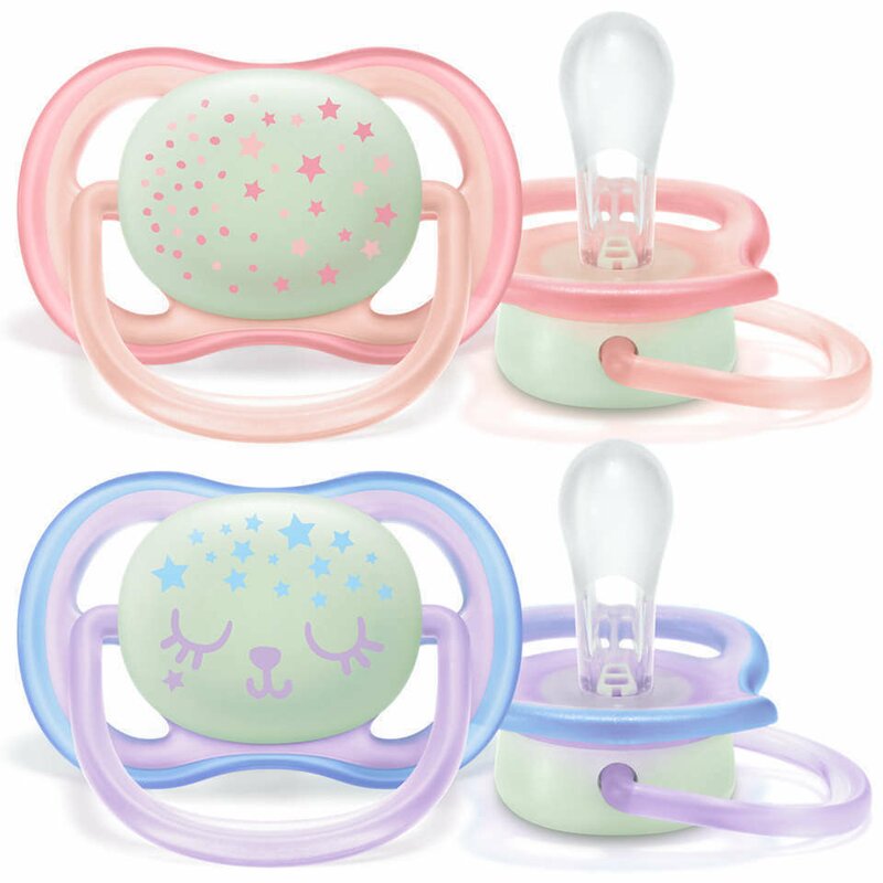 Philips avent - set suzete , ultra air , 0-6 luni, 2 buc, de noapte din silicon, multicolor