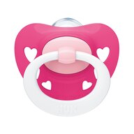 Suzeta ortodontica copii, Nuk, Classic Signature, Tetina plata, Gat subtire pentru dezvoltare sanatoasa, Cutie reutilizabila, Fara BPA, 6-18 luni, Roz inchis