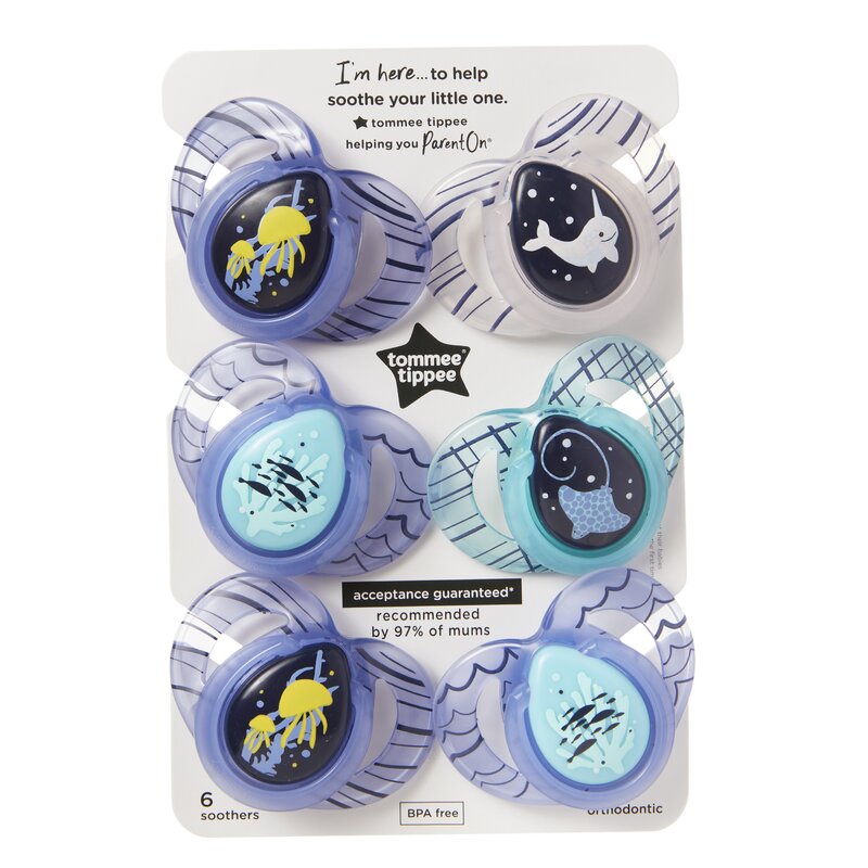 Tommee tippee - set suzete , 6-18 luni, 6 buc, ortodontice, de noapte din silicon, multicolor