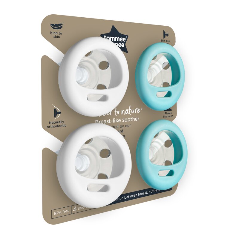Tommee tippee - set suzete breast like pacifier , closer to nature , 0-6 luni, 4 buc din silicon, alb/verde