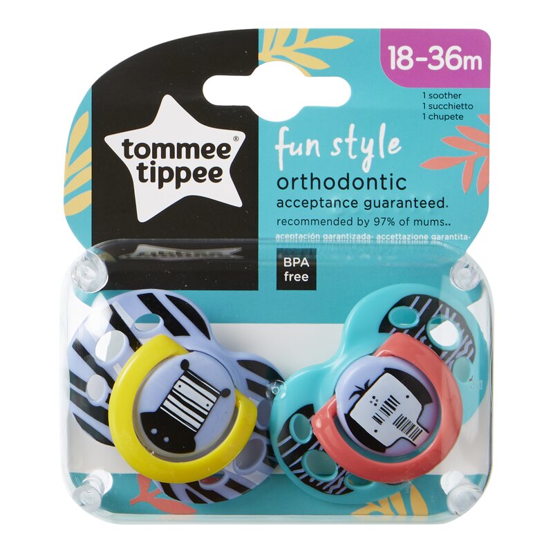 Tommee tippee - suzete ortodontice fun, 18-36 luni, 2 buc, zebra/elefant
