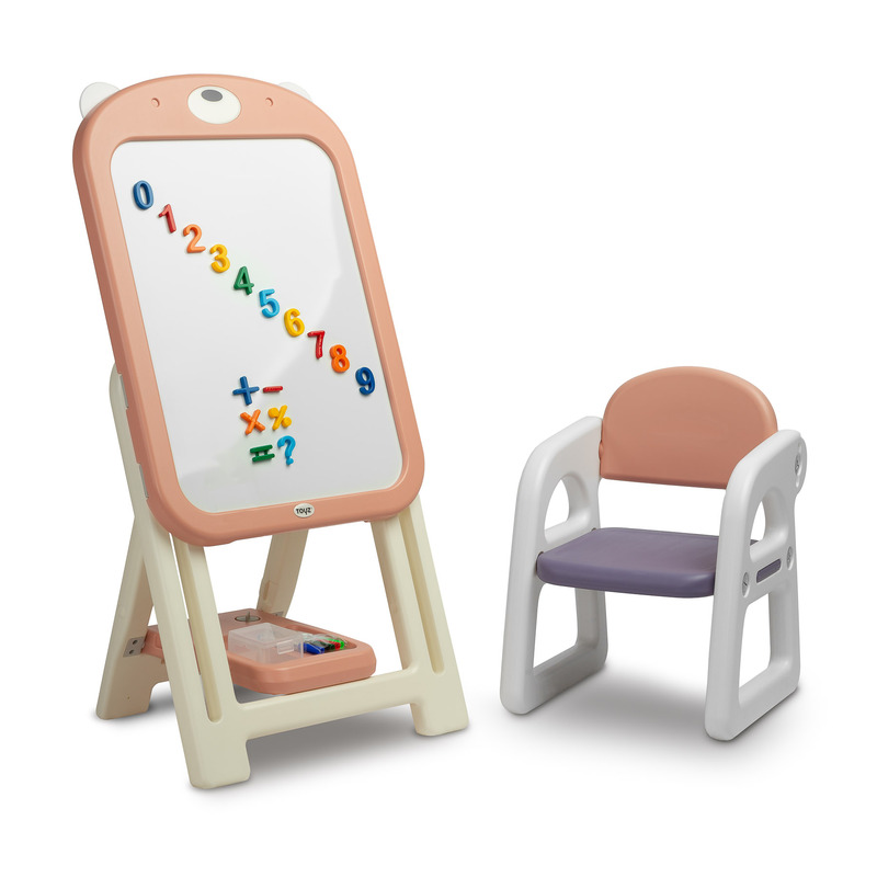 Toyz - Tabla educationala cu scaunel, Ted, Include magneti si markere, Inaltime reglabila, 50x44x68-100 cm, 3 ani+, Roz