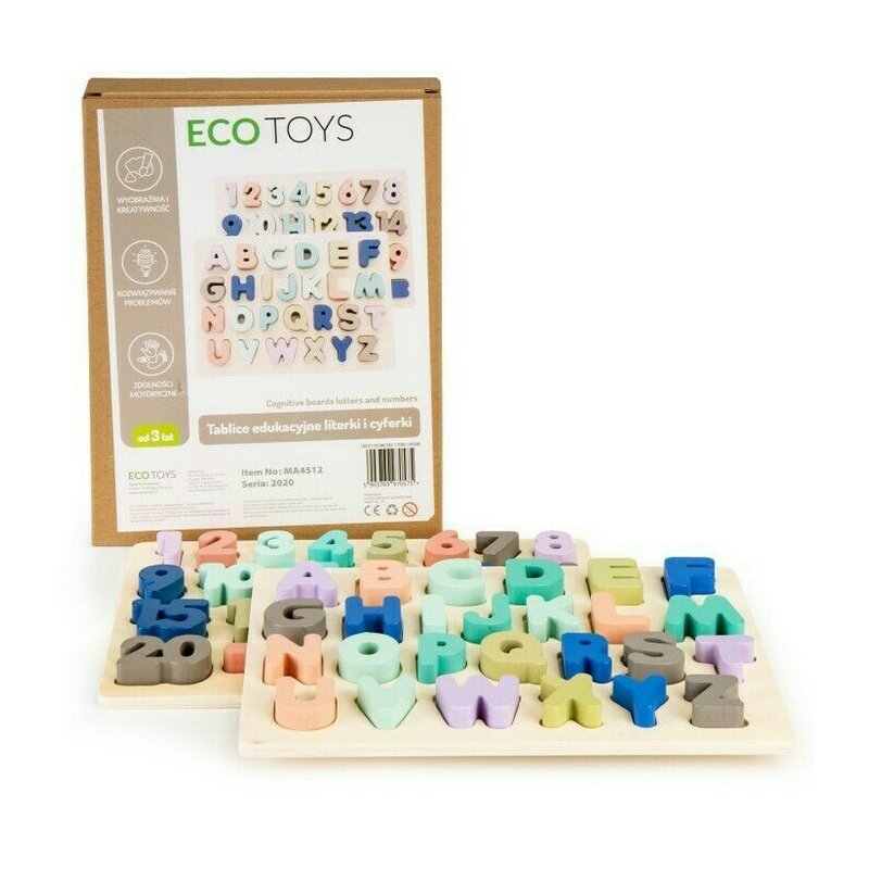 Ecotoys - tablita de scris cu cifre si litere, 51 de elemente din lemn