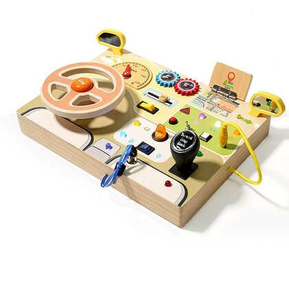 Tablita cu activitati, Baby Mix, Cu volan interactiv, Cu lumini si detalii realiste, Cu activitati, Dezvolta abilitatile motorii, Din lemn, 30x22x3,8 cm, 36 luni+, Multicolor