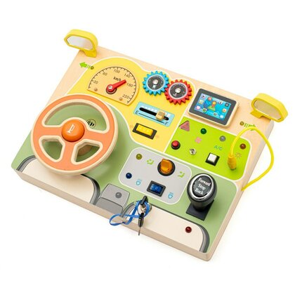 Tablita cu activitati, Baby Mix, Cu volan interactiv, Cu lumini si detalii realiste, Cu activitati, Dezvolta abilitatile motorii, Din lemn, 30x22x3,8 cm, 36 luni+, Multicolor