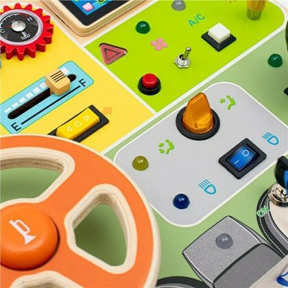 Tablita cu activitati, Baby Mix, Cu volan interactiv, Cu lumini si detalii realiste, Cu activitati, Dezvolta abilitatile motorii, Din lemn, 30x22x3,8 cm, 36 luni+, Multicolor