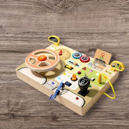 Tablita cu activitati, Baby Mix, Cu volan interactiv, Cu lumini si detalii realiste, Cu activitati, Dezvolta abilitatile motorii, Din lemn, 30x22x3,8 cm, 36 luni+, Multicolor