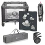 Tarc de joaca copii, Lionelo, Bonnie, Pana la 15 kg, 100 x 100 cm, Pliere compacta, Include geanta de transport, Din plasa, Cu intrare laterala cu fermoar, Cu roti, Cu salteluta din spuma, Conform cu EN12227, Gri inchis - 15