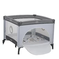 Tarc de joaca copii, Lionelo, Bonnie, Pana la 15 kg, 100 x 100 cm, Pliere compacta, Include geanta de transport, Din plasa, Cu intrare laterala cu fermoar, Cu roti, Cu salteluta din spuma, Conform cu EN12227, Gri deschis