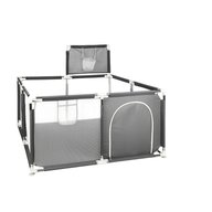 Tarc de joaca copii, Primabobo, 126 x 126 cm, Pliere compacta, Include cos de baschet, Din plasa, Cu intrare laterale si fermoar, Cu ventuze pentru stabilitate, Gri