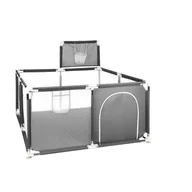 Tarc de joaca copii, Primabobo, 126 x 126 cm, Pliere compacta, Include cos de baschet, Din plasa, Cu intrare laterale si fermoar, Cu ventuze pentru stabilitate, Gri