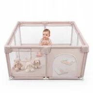Tarc de joaca copii, Primabobo, Luna, 127 x 127 cm, Pliere compacta,  Din plasa, Cu intrare laterala si buzunar pentru depozitare, Ancorare cu ventuze pentru stabilitate, Bej