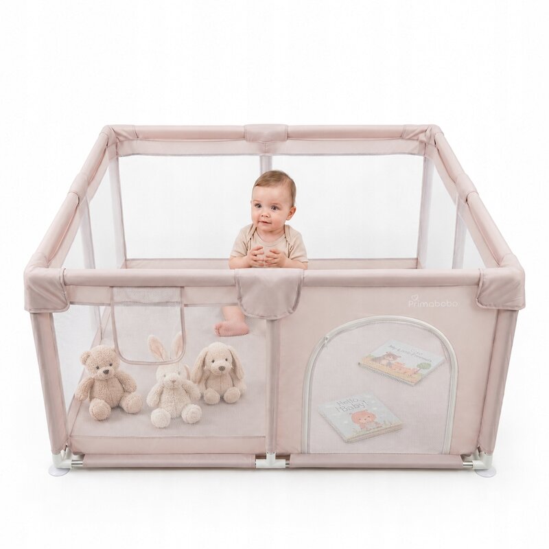 Tarc de joaca copii, Primabobo, Luna, 127 x 127 cm, Pliere compacta, Din plasa, Cu intrare laterala si buzunar pentru depozitare, Ancorare cu ventuze pentru stabilitate, Bej