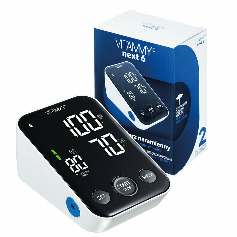 Vitammy - tensiometru electronic de brat next 6, mufa usb, detectare aritmie, memorare 2 utilizatori, manseta 22-40 cm, alb/negru