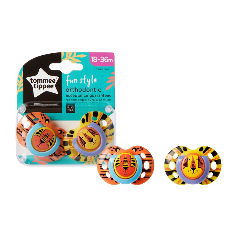 Tommee Tippee - Suzeta ortodontica de zi Fun, ONL, 2 buc, 18-36 luni, Tigru/Leu