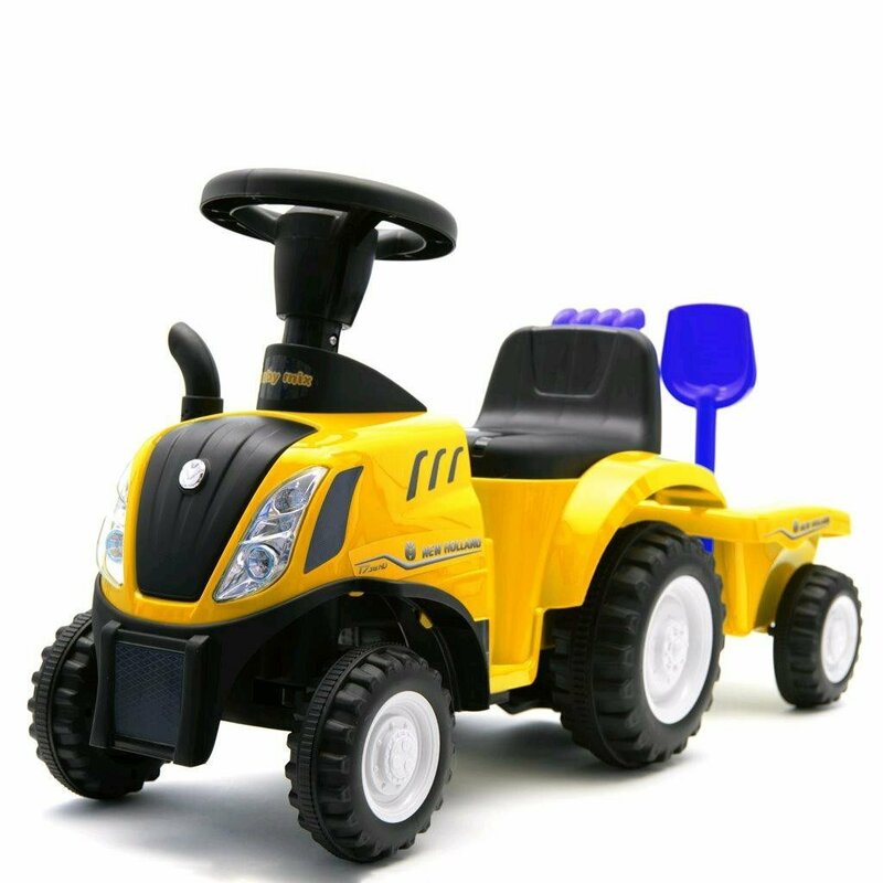 Tractor, Baby Mix, New Holland, Pana la 25 kg, Cu remorca detasabila si unelte, De impins, Cu claxon si sunet de motor, 12 luni+, Yellow