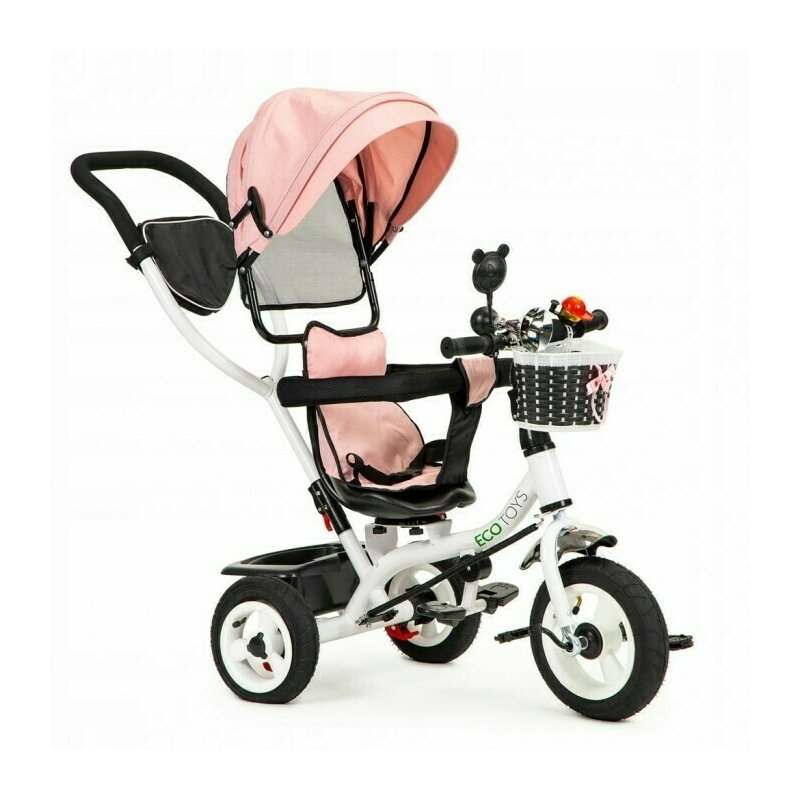 Ecotoys - tricicleta jm-066-9l , mecanism de pedalare libera, suport picioare, control al directiei, rotire 360 grade, roz